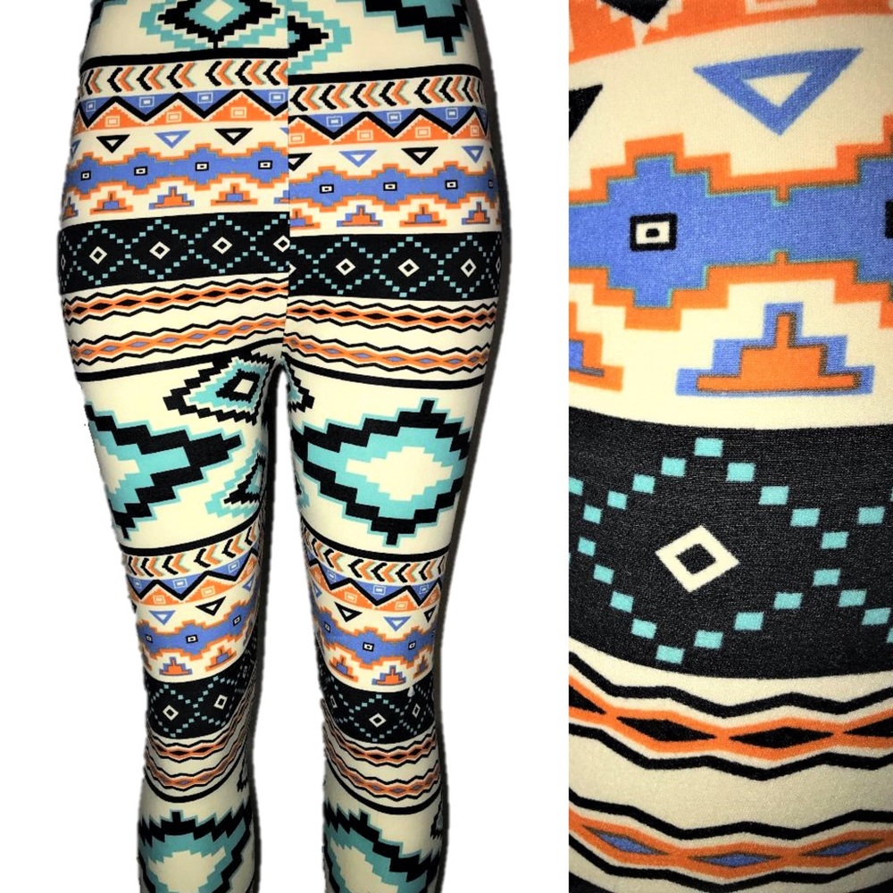 Super Soft Leggings Cream & Blue Aztec Design